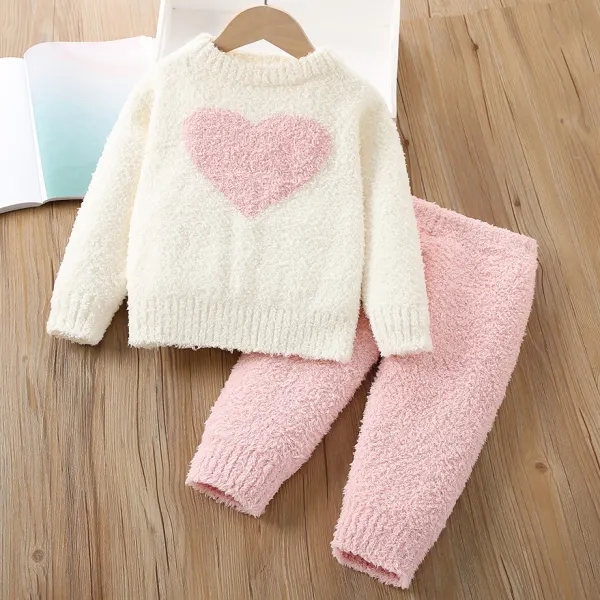 【2Y-7Y】2-piece Girls Cute Heart Shaped Jacquard Coral Fleece Sweater And Pants Set - Popopieshop.com 