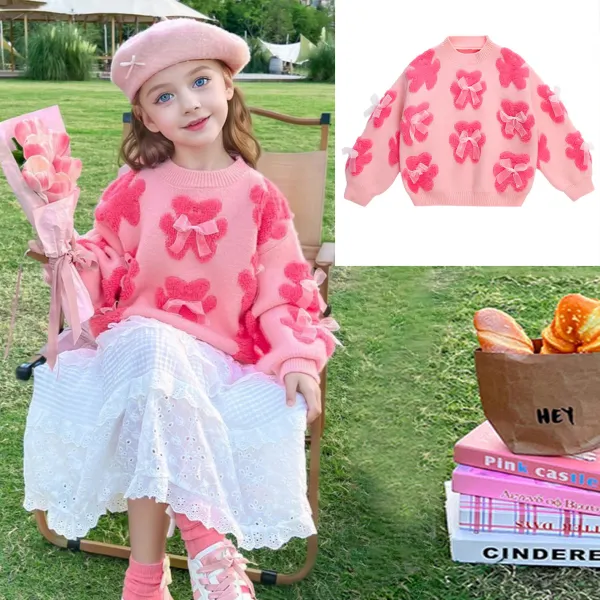 【18M-8Y】Girls Sweet Fashion Pink Bear Jacquard And Bow Design Sweater - Popopieshop.com 