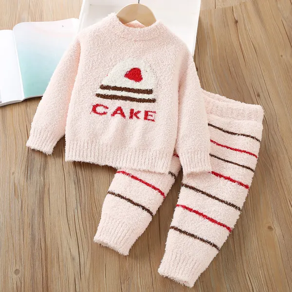 【2Y-7Y】2-piece Kids Cute Cake And Koala And Letter Jacquard Coral Fleece Sweater And Striped Pants Set - Popopieshop.com 