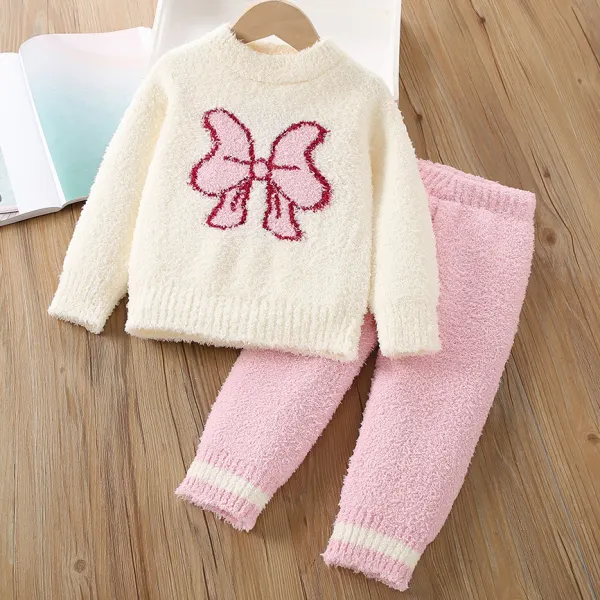 【2Y-7Y】2-piece Girls Cute Bow And Letter Jacquard Coral Fleece Sweater And Pants Set - Popopieshop.com 