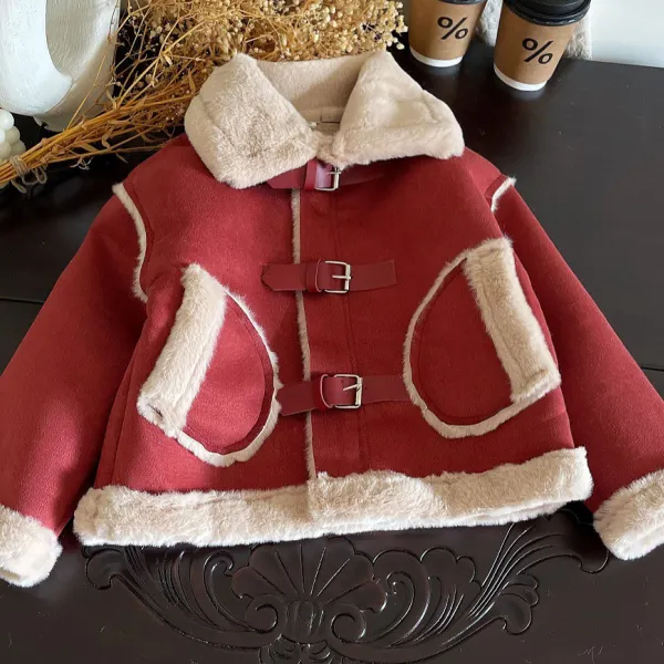 【3Y-10Y】Girls Vintage Fashion Padded Faux Chambray Red Jacket - Popopieshop.com 