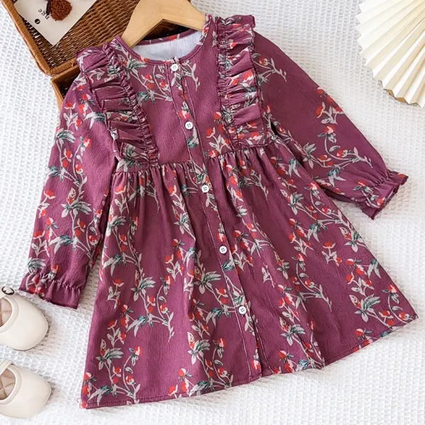 【2Y-7Y】Girls Sweet And Stylish Floral Print Red Dress - Popopieshop.com 