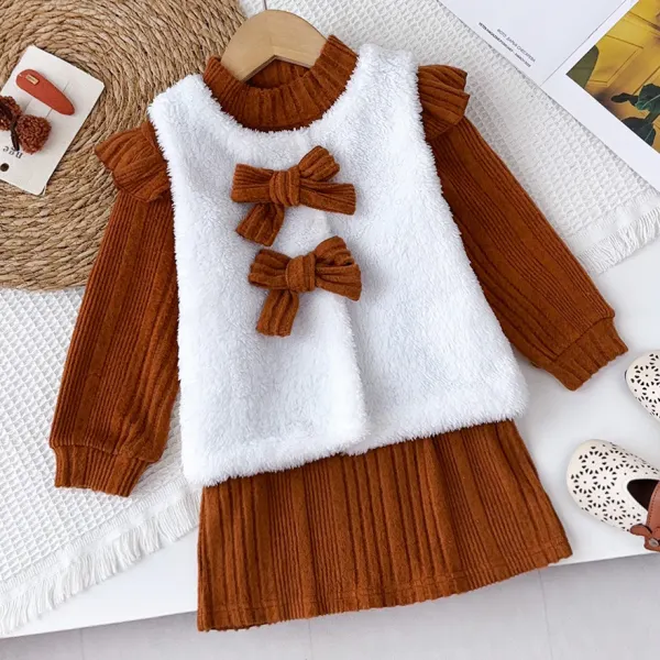 【2Y-7Y】2-piece Girls Stylish Brown Long Sleeve Dress And White Scrunchy Bow Vest Set - Popopieshop.com 
