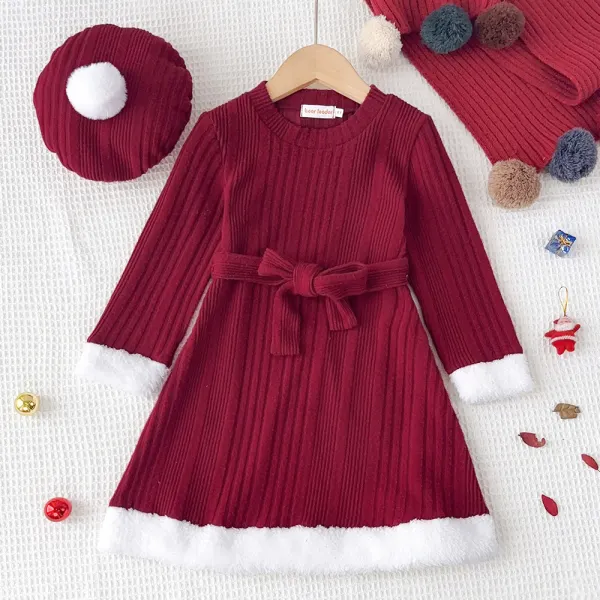 【2Y-7Y】2-piece Girls Fashion Burgundy Dress Go Back Hat Set - Popopieshop.com 