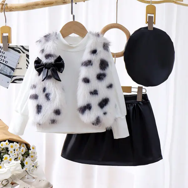 【3Y-7Y】3-piece Girls Fashion White Puff Sleeve T-shirt Cow Pattern Fur Vest Coat And Leather Skirt Set - Popopieshop.com 