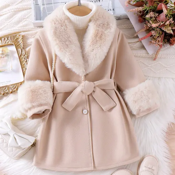 【3Y-7Y】Girls Fashion Woolen Keep Warm Fur Collar Long Sleeve Coat With Belt - Popopieshop.com 