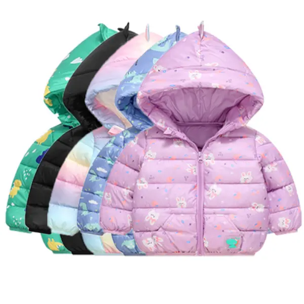 【12M-5Y】Unisex Cute Rabbit Dinosaur Print Quilted Keep Warm Hooded Cotton Coat - Podoasis.com 