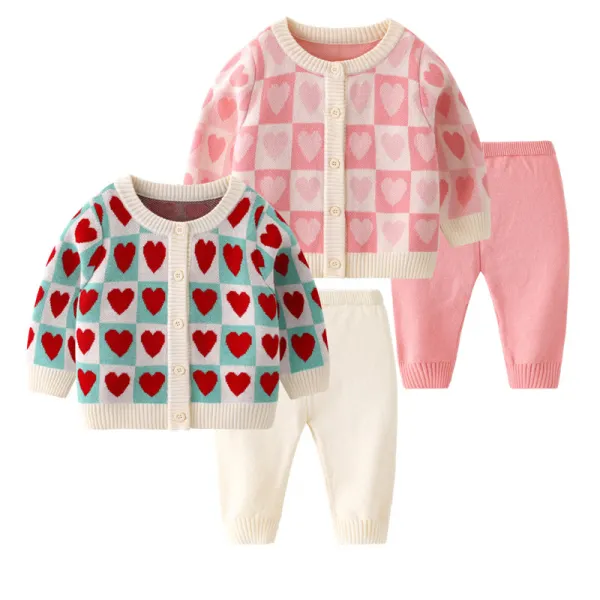 【3M-3Y】2-piece Baby Girls Cute Heart Plaid Jacquard Sweater And Pants Set - Popopieshop.com 