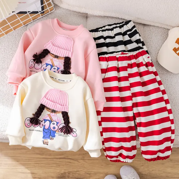 【12M-5Y】2-piece Girls Cute Keep Warm Cartoon Girls Embroidery Round Neck Sweatshirt And Striped Pants Set - Popopieshop.com 