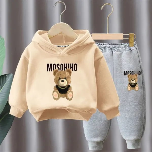 【18M-10Y】2-piece Unisex Casual Cotton Cartoon Bear Printed Hooded Sweatshirt And Pants Set - Popopieshop.com 