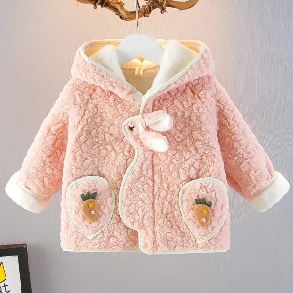 【3Y-10Y】Girls Cute Pink Lamb Fleece Keep Warm Rabbit Embroidery Hooded Coat - Popopieshop.com 