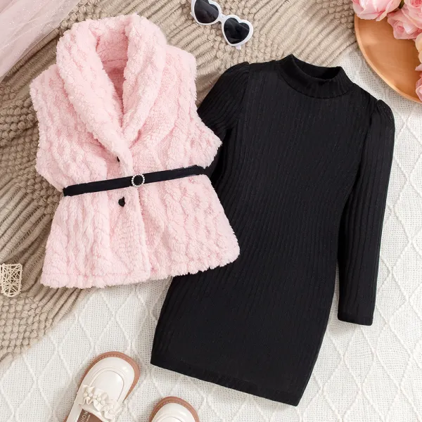 【3Y-7Y】3-piece Girls Casual Pink Flannel Vest Coat And Black Long Sleeve Dress Set With Belt - Popopieshop.com 