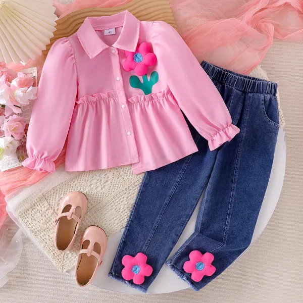 【3Y-7Y】2-piece Girls Sweet Lapel Floral Long Sleeve Shirt And Jeans Set - Popopieshop.com 