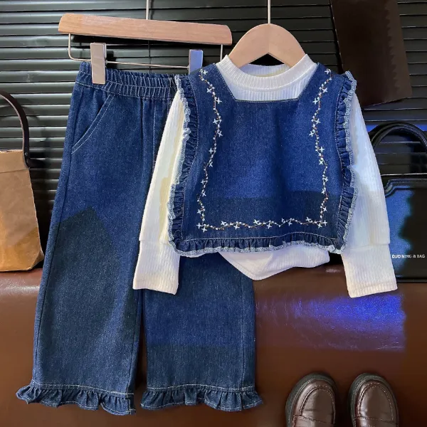 【2Y-8Y】3-piece Girls Sweet Long Sleeve T-shirt Floral Embroidery Ruffle Denim Vest And Wide Leg Pants Set - Popopieshop.com 