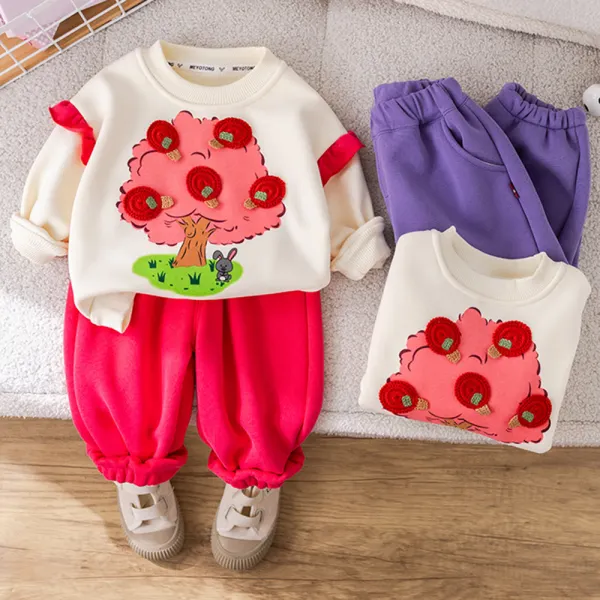 【12M-5Y】2-piece Girls Cute Apple Embroidery Round Neck Sweatshirt And Pants Set - Popopieshop.com 