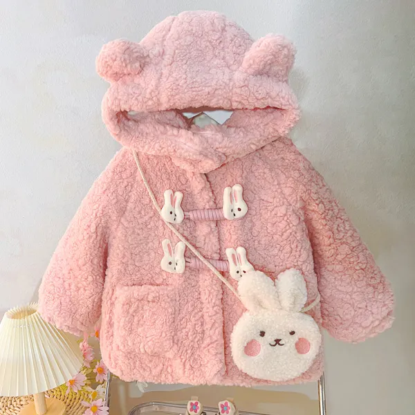 【12M-5Y】2-piece Girls Cute Lamb Fleece Keep Warm Rabbit Ears Hooded Coat With Crossbody Bag - Popopieshop.com 