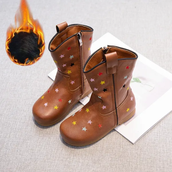 Girls Fashion Star Embroidery Plush Keep Warm Leather Martin Boots - Popopieshop.com 