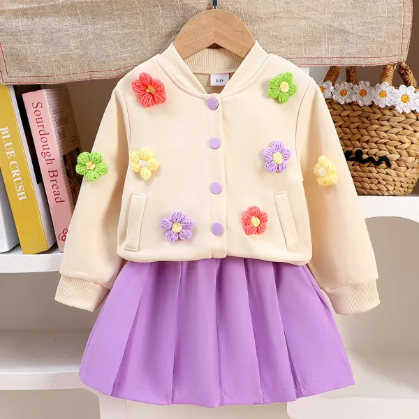 【2Y-7Y】2-piece Girls Sweet Applique Baseball Jacket And Pleated Skirt Set - Popopieshop.com 