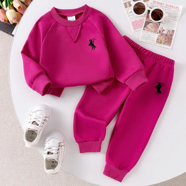 【9M-4Y】2-piece Unisex Casual Cotton Rose Red Round Neck Sweatshirt And Pants Set - Popopieshop.com 