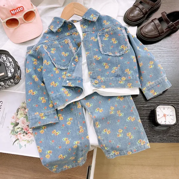 【2Y-8Y】2-piece Girls Fashion Floral Print Lapel Denim Jacket And Pants Set - Popopieshop.com 