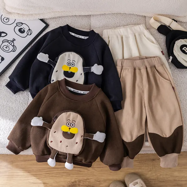 【12M-5Y】2-piece Boy Cute Keep Warm Cartoon Pocket Round Neck Sweatshirt And Pants Set - Popopieshop.com 