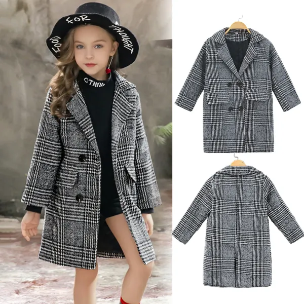 【3Y-12Y】Girls Casual Plaid Tweed Keep Warm Lapel Coat - Popopieshop.com 