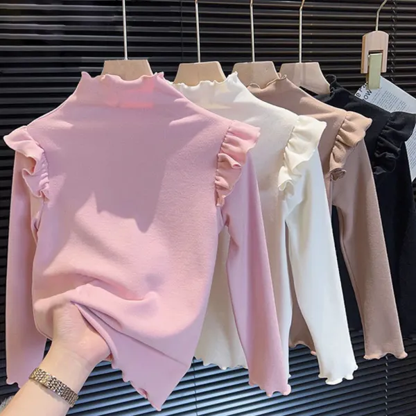 【12M-8Y】Girls Casual Cotton Solid Color Ruffled Long Sleeve T-shirt - Popopieshop.com 