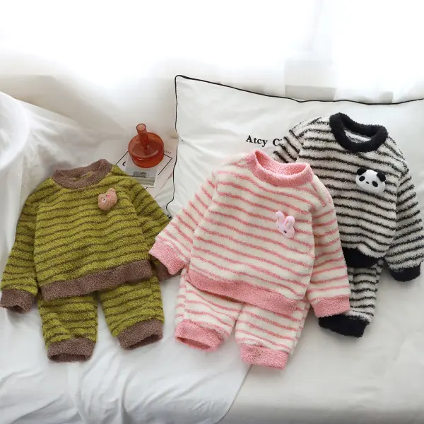 【12M-10Y】2-piece Unisex Cute Flannel Striped Keep Warm Round Neck Pajamas Set - Popopieshop.com 