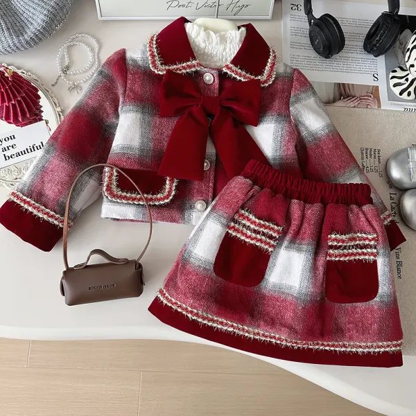 【18M-8Y】2-piece Girls Chanel Style Plaid Tweed Bowknot Keep Warm Coat And Skirt Set - Popopieshop.com 