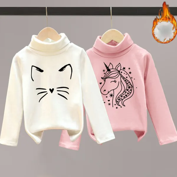 【18M-8Y】Girls Cute Plush Keep Warm Unicorn Butterfly Cat Print High Neck T-shirt - Popopieshop.com 