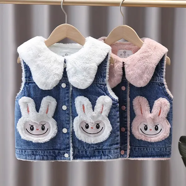 【18M-10Y】Girls Cute Plush Keep Warm Rabbit Pocket Doll Collar Denim Vest Coat - Popopieshop.com 