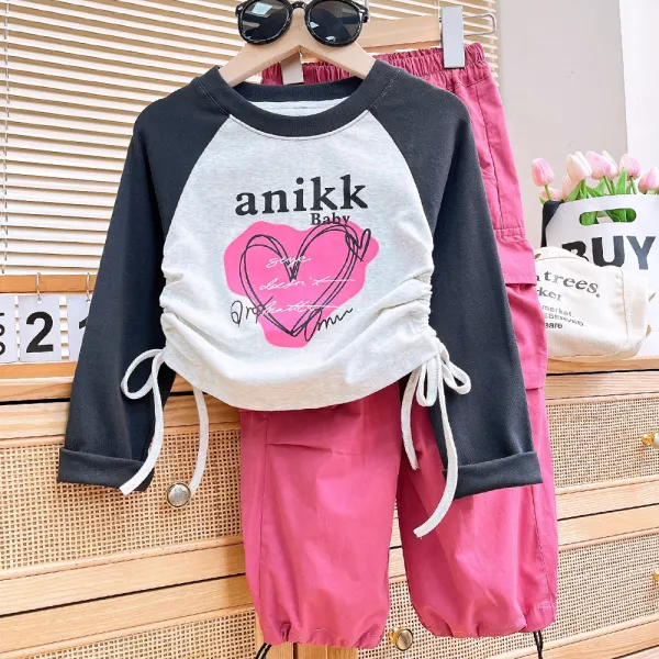 【2Y-8Y】2-piece Girls Casual Heart Print Colorblock Long Sleeve T-shirt And Overalls Set - Popopieshop.com 