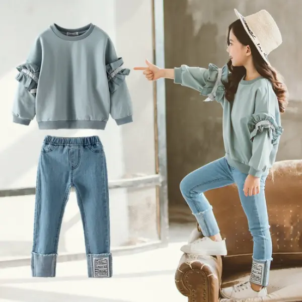 【3Y-12Y】2-piece Girls Casual Cotton Ruffle Sweatshirt And Jeans Set - Popopieshop.com 