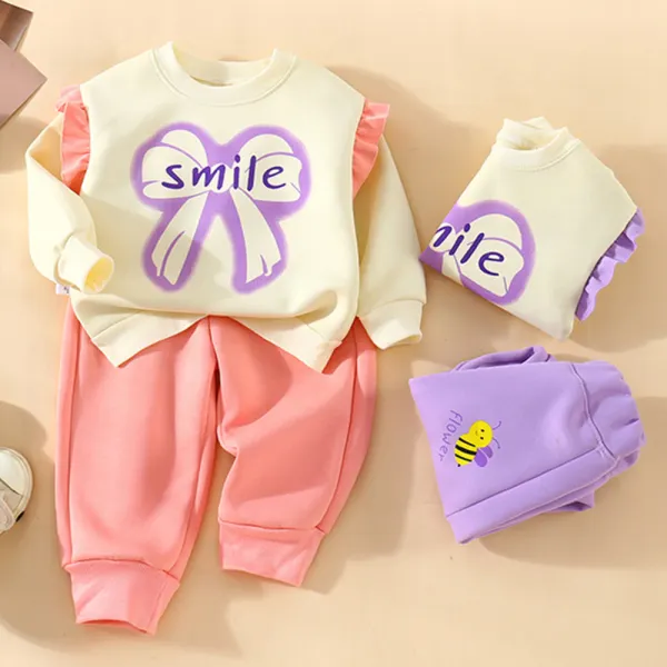 【12M-10Y】2-piece Girls Sweet Bow Print Ruffled Round Neck Sweater And Pants Set - Popopieshop.com 