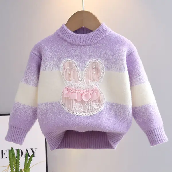 【18M-6Y】Girls Gradient Bunny Applique Round Neck Long Sleeve Sweater - Popopieshop.com 