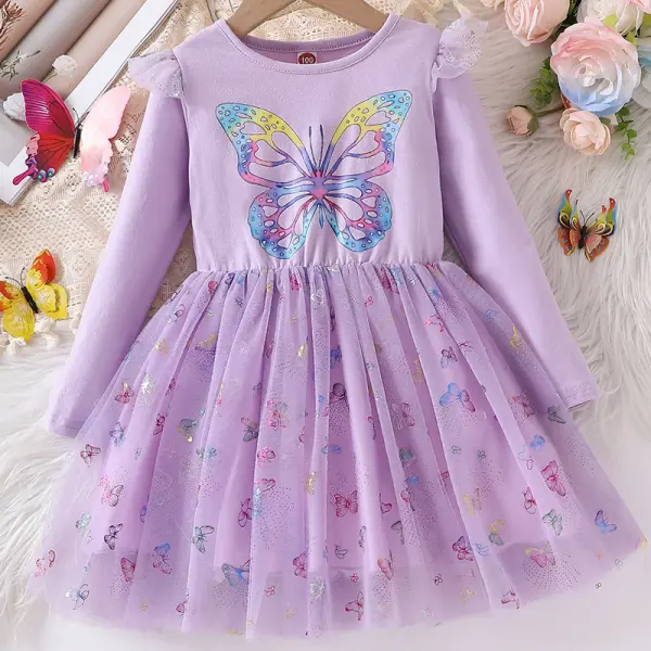 【2Y-8Y】Girls Purple Butterfly Print Long Sleeve Mesh Dress - Popopieshop.com 