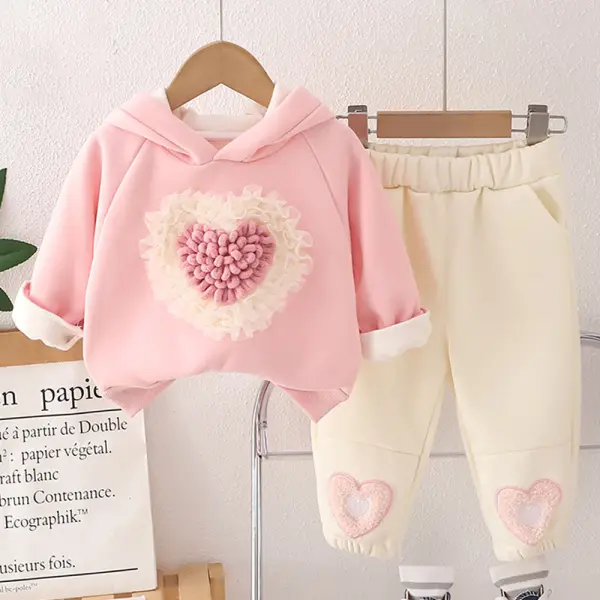 【9M-4Y】2-piece Girls Thick Fleece Heart Applique Bunny Ears Hooded Sweatshirt And Pants Set - Popopieshop.com 