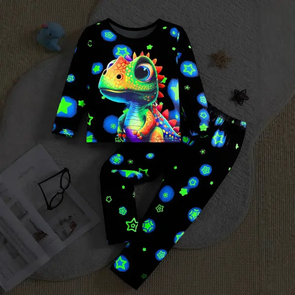 【2Y-7Y】2-piece Boys Luminous Dinosaur Print Long Sleeve Pajama Set - Popopieshop.com 