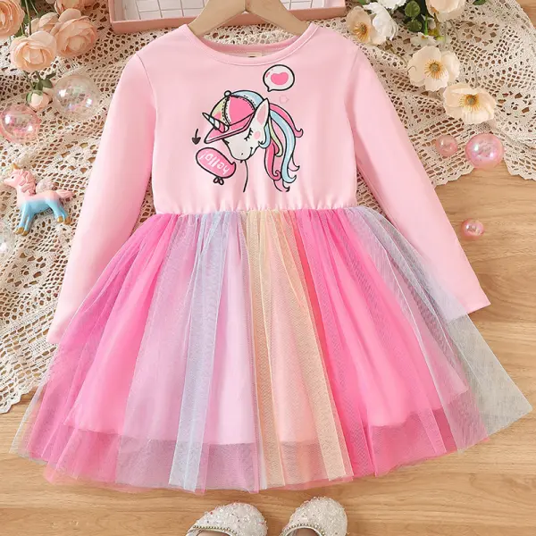 【2Y-8Y】Girls Pink Unicorn Print Long Sleeve Mesh Dress - Popopieshop.com 