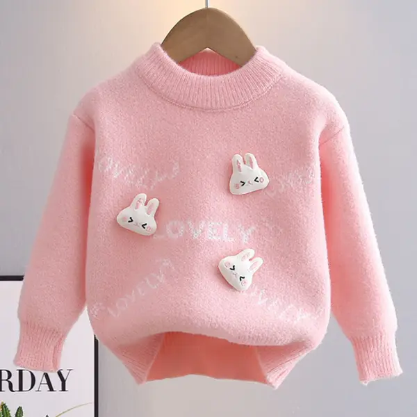 【18M-6Y】Girls Bunny Applique Round Neck Long Sleeve Sweater - Popopieshop.com 