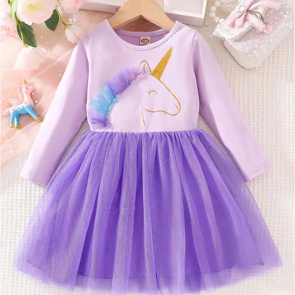 【2Y-8Y】Girls Purple Unicorn Print Long Sleeve Mesh Dress - Popopieshop.com 