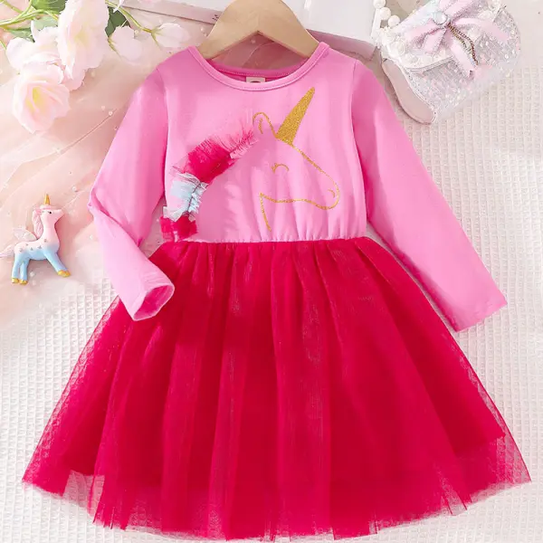 【2Y-8Y】Girls Pink Unicorn Print Long Sleeve Mesh Dress - Popopieshop.com 