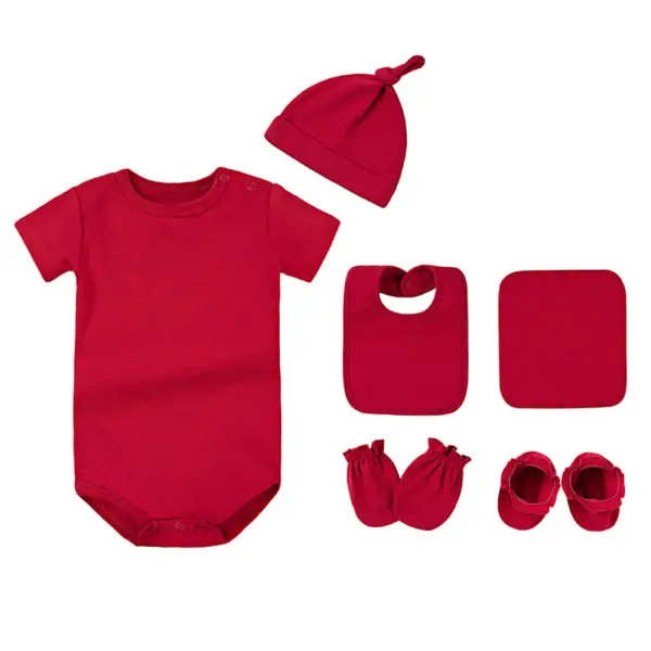 【0M-24M】6-piece Multicolor Cotton Unisex Baby Short Sleeve Romper Set (Romper + Hat + Bib + Towel + Gloves + Socks) - Popopieshop.com 