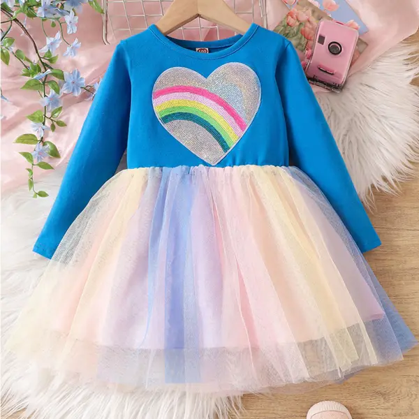 【2Y-8Y】Girls Blue Sequin Heart Embroidered Long Sleeve Mesh Dress - Popopieshop.com 