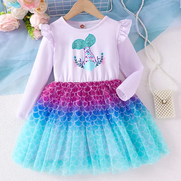 【2Y-8Y】Girls Purple Mermaid Print Long Sleeve Mesh Dress - Popopieshop.com 