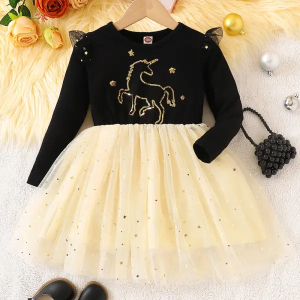 【2Y-8Y】Girls Black Sequin Unicorn Embroidered Long Sleeve Mesh Dress - Popopieshop.com 