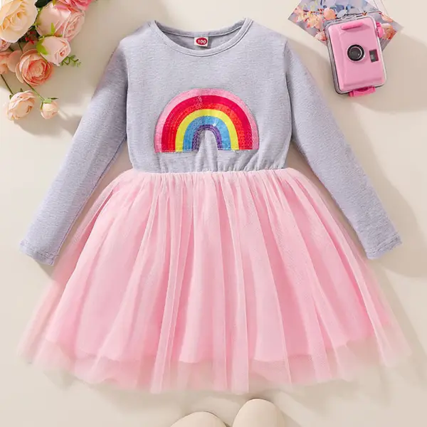 【2Y-8Y】Girls Gray Sequin Rainbow Embroidered Long Sleeve Mesh Dress - Popopieshop.com 