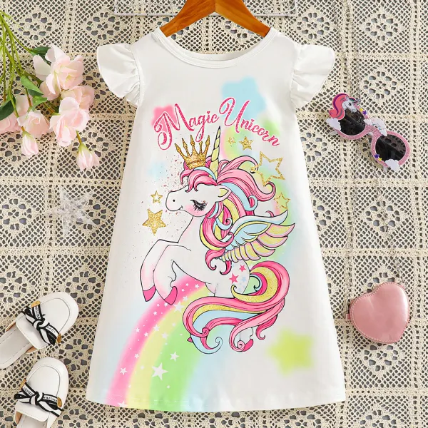 【3Y-7Y】Girls Cute Unicorn And Letter Print White Ruffle Sleeve Dress - Popopieshop.com 