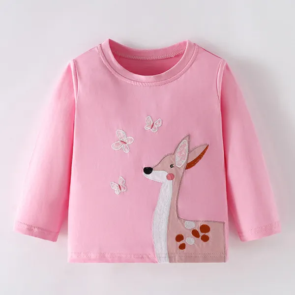 【18M-7Y】Girls Cute Butterfly And Deer Embroidered Pink Long Sleeve T-shirt - Popopieshop.com 
