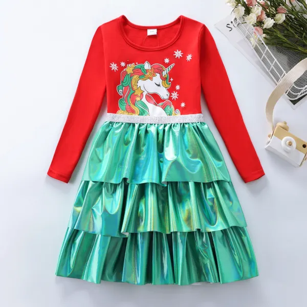 【3Y-8Y】Girls Cute Unicorn Print Multi Layered Ruffle Dress - Popopieshop.com 